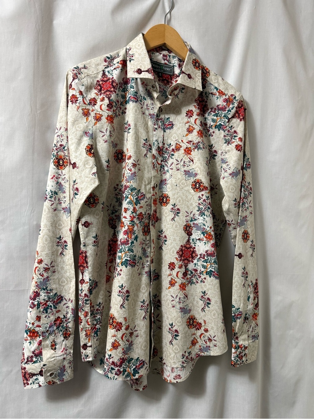 Paisley & Gray Cream Shirt with Red, Teal & Orange Floral Men’s Slim Shirt 0154 - Picture 2 of 16